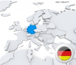 Die Europa-Karte, Deutschland markiert mit Flagge.